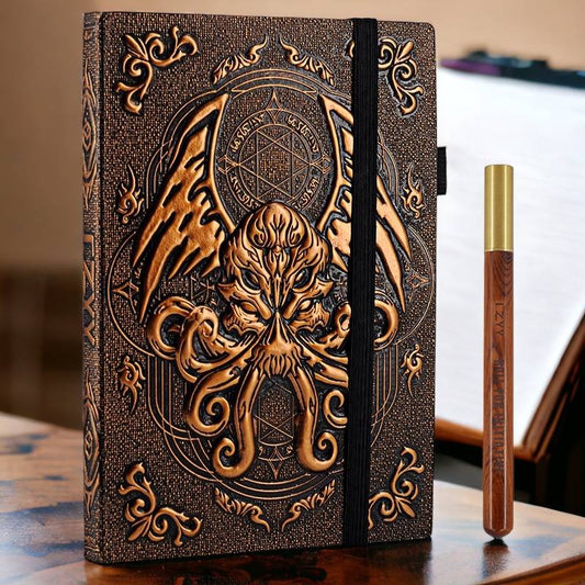 dungeons and dragons campaign journal with cthulu print copper aesthetic