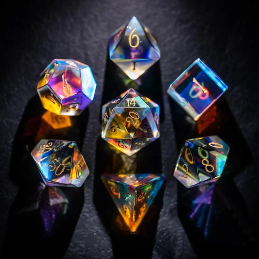 Glass, Precious Stone and Mahagony D&D Dice | 7-piece Sets