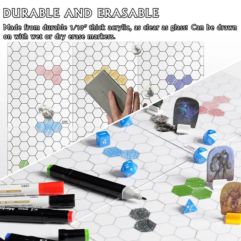 Dry erase Game Mat | 2-piece - 1" Hex, Grid Overlay 7x8
