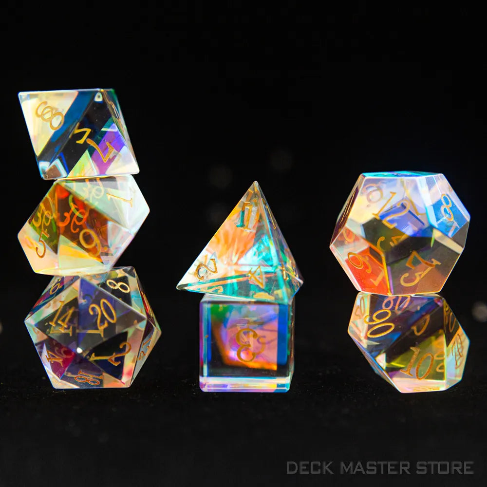 Glass, Precious Stone and Mahagony D&D Dice | 7-piece Sets