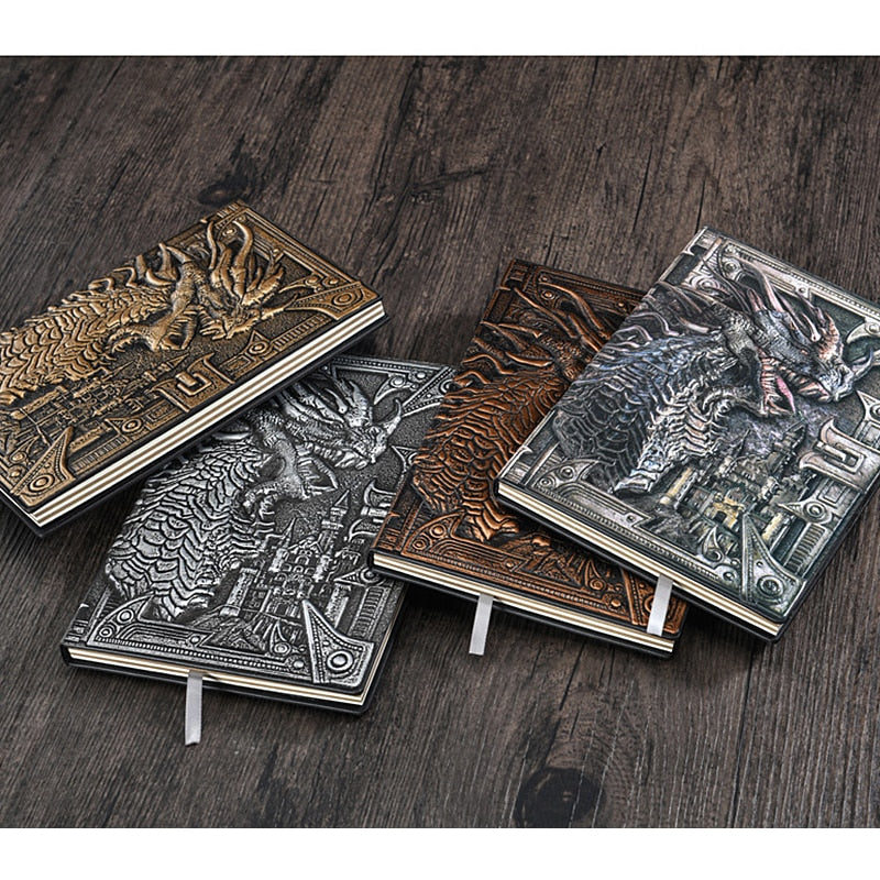 Four Dungeons and Dragons character journals with 3D dragon print laid out on the floor