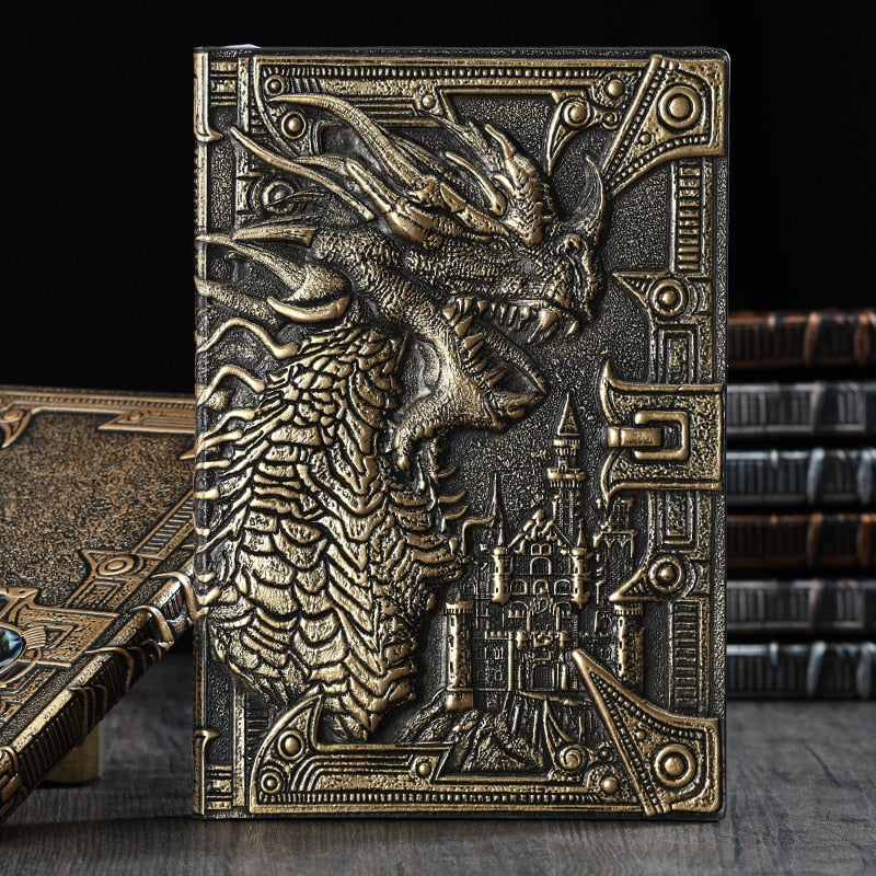 D&D Character Journal with 3D dragon print standing up right